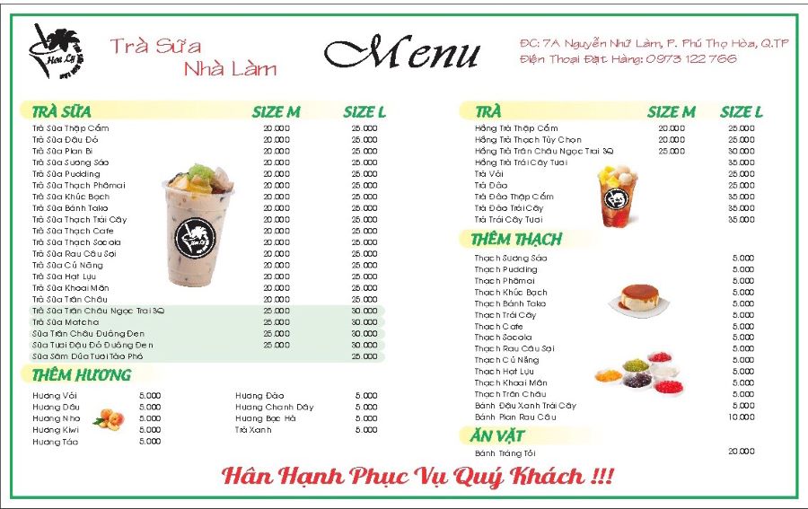 Menu phong phú và giá thành phù hợp với mọi khách hàng