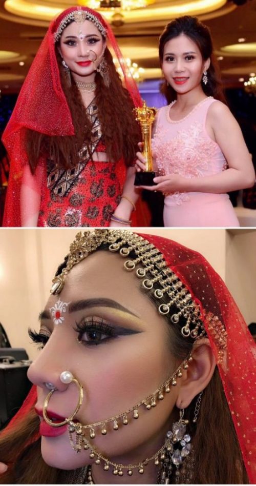 Tác phẩm: "Cô dâu Ấn Độ" với đôi mắt hốc, eyeliner sâu dày, kết hợp kỹ thuật vẽ painting, phụ kiện đặc trưng.