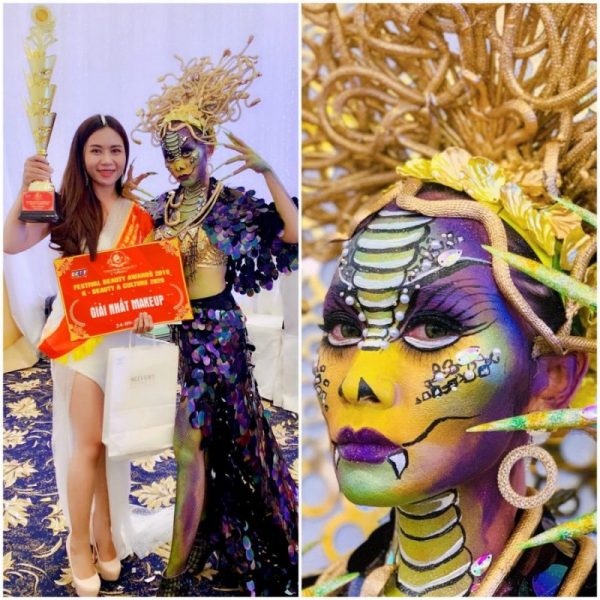 Tạo hình "Nữ thần Rắn Medusa" được vẽ bằng màu Acrylic, kết hợp trang phục, phụ kiện.